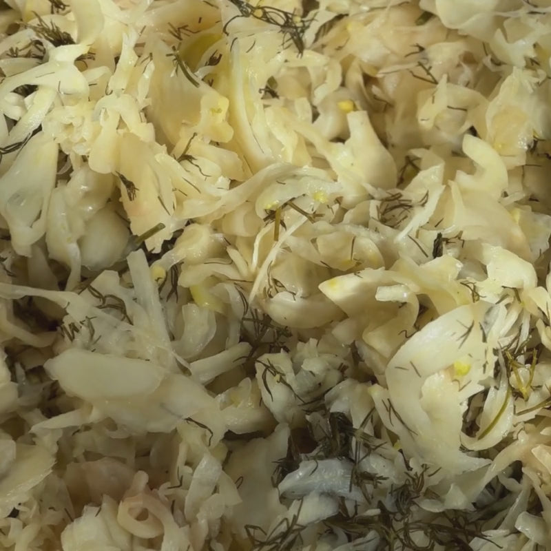 Load video: Close up video of Living Lacto-Fermented Fennel with Dill and Orange  - 200g