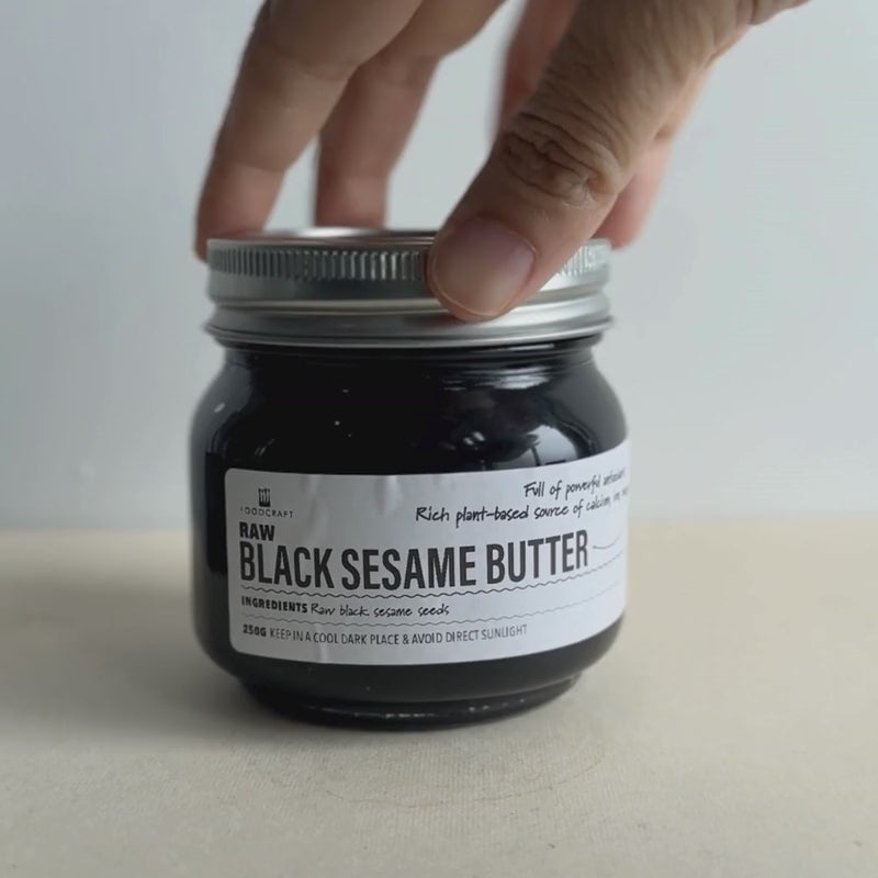 Load video: Raw Black Sesame Butter - 250g jar with a silver lid on a white background video
Foodcraft Online Store